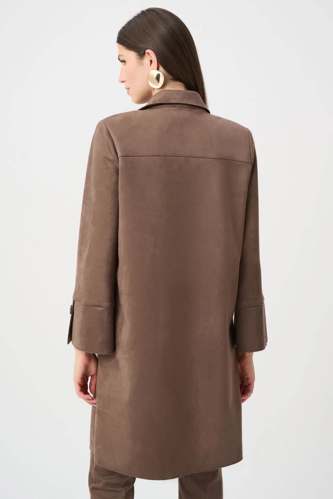 Front view of a camel-colored suede-look coat by Joseph Ribkoff for women, with a stand-up collar, featuring Valérie Simon