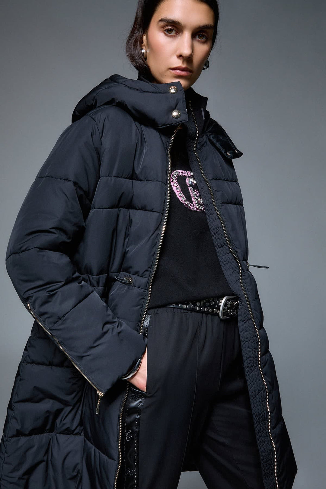 Manteau long matelassé à capuchon pour femme liujo