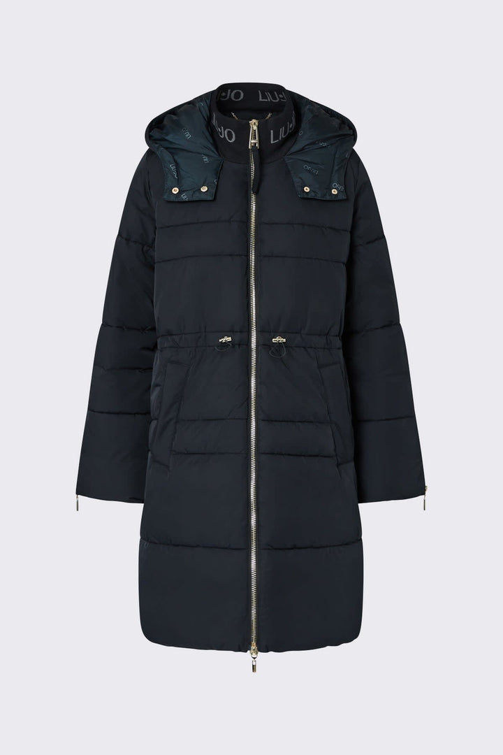 Manteau long matelassé à capuchon vue de face pour femme liujo