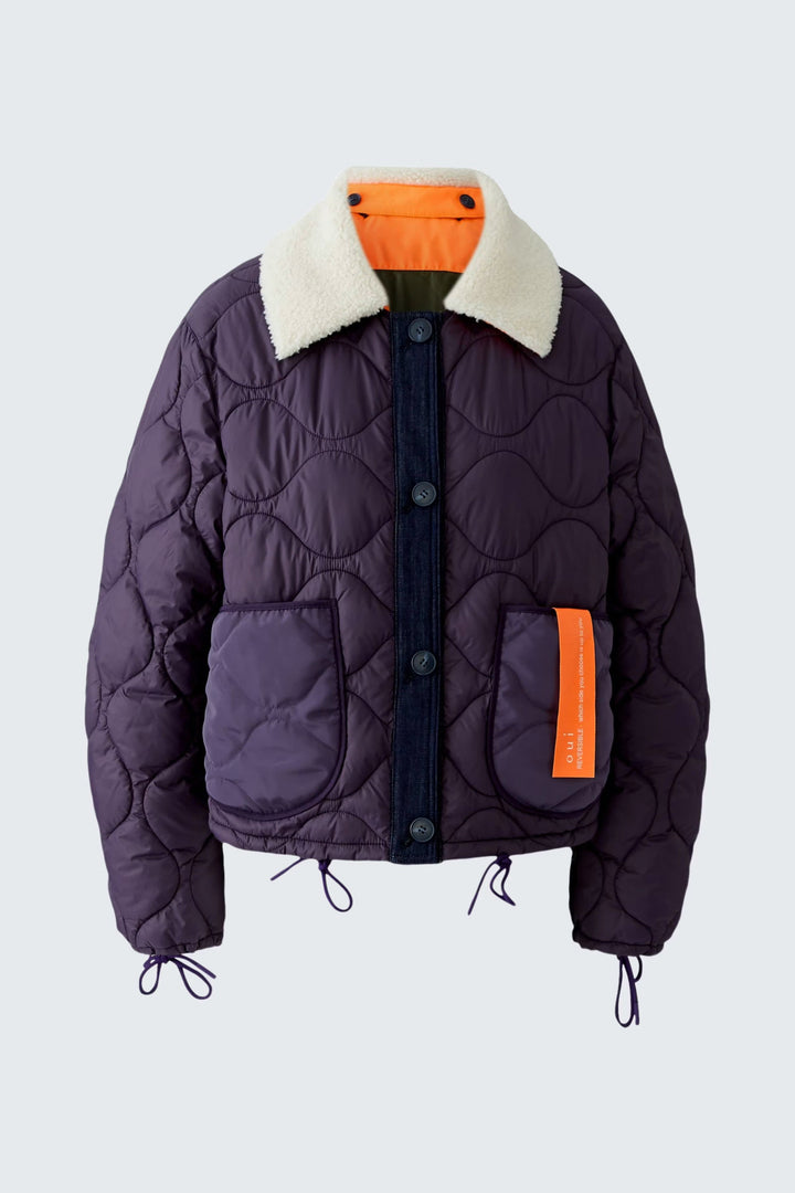 Vue de face manteau réversible mattelassé Oui pour femme beige avec détails de surpiqûres - Valérie Simon