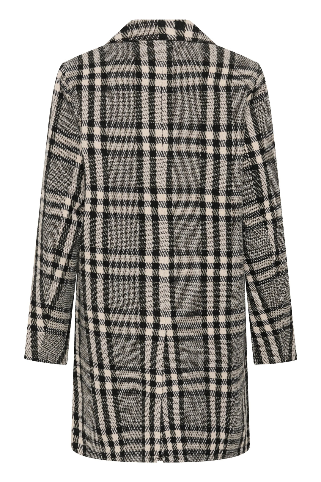 Side view of the Kaffe beige plaid Vibeke coat for women with a wide collar - Valérie Simon