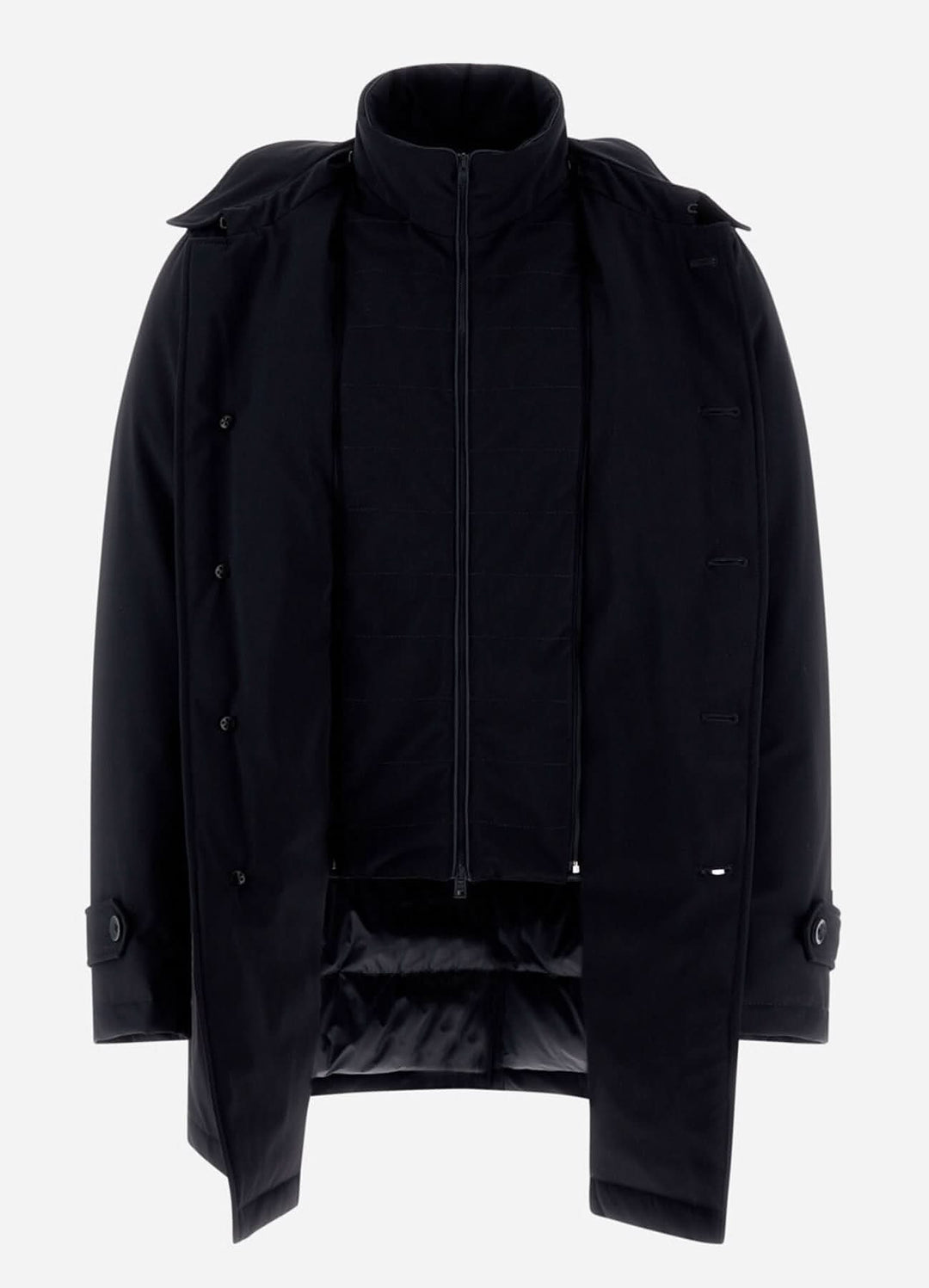 Trench coat noir en tissu extensible, résistant à l'eau, avec bavette amovible pour une protection extérieure.