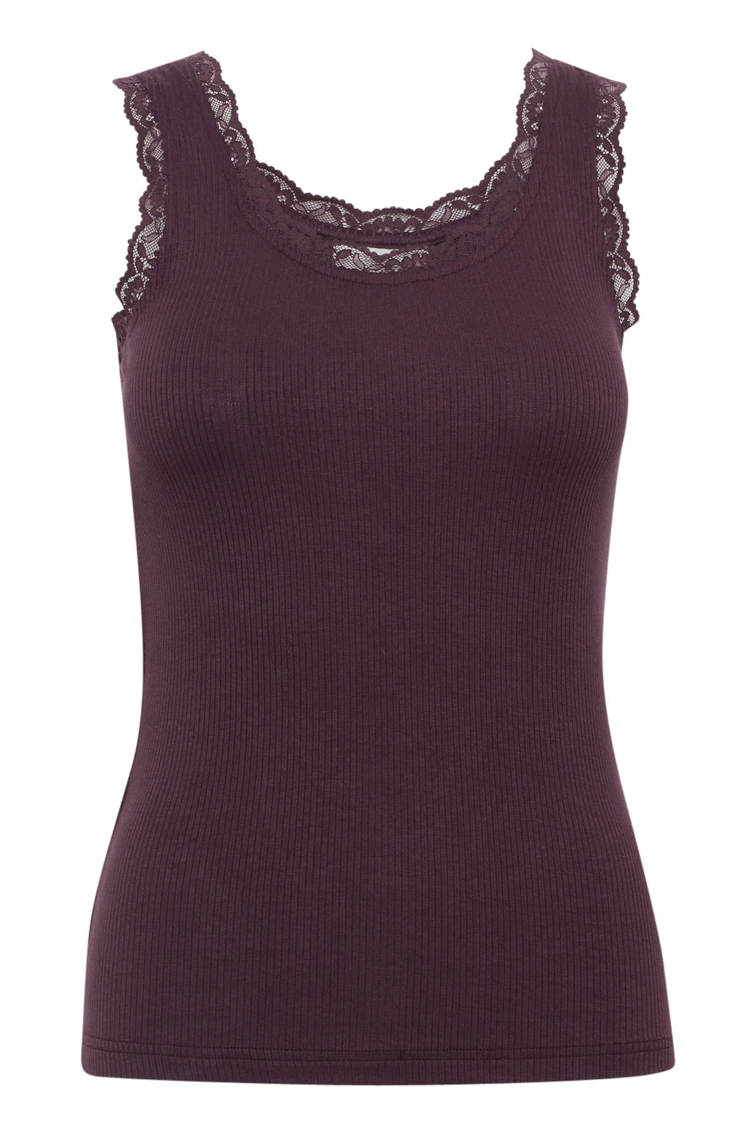 Camisole côtelée féminine en bordeaux avec bordages en dentelle, parfaite pour un look chic et confortable.
