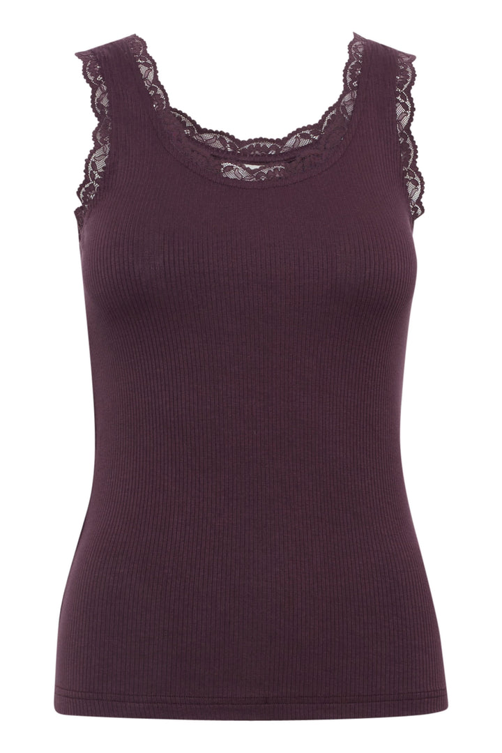 Camisole côtelée féminine en bordeaux avec bordages en dentelle, parfaite pour un look chic et confortable.