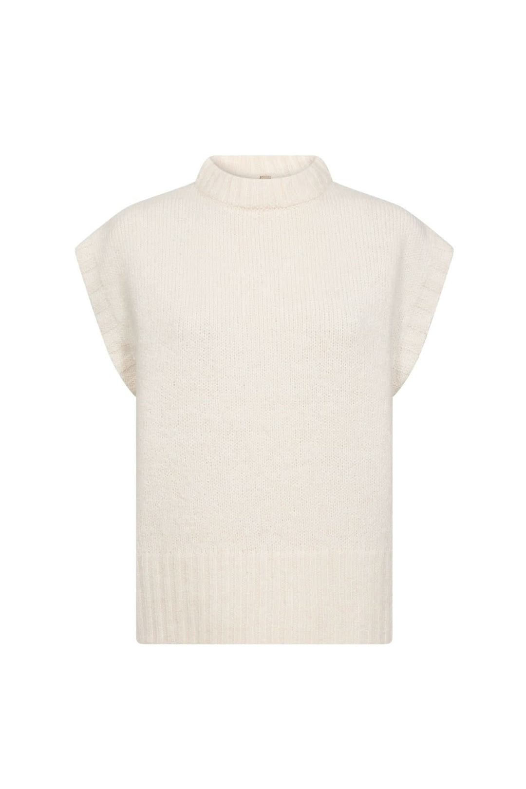 Chandail sans manches à col montant, tricot doux, fini lisse, couleur crème, parfait pour superpositions élégantes.