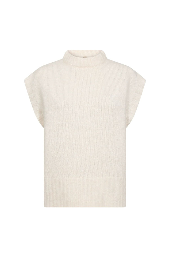 Chandail sans manches à col montant, tricot doux, fini lisse, couleur crème, parfait pour superpositions élégantes.