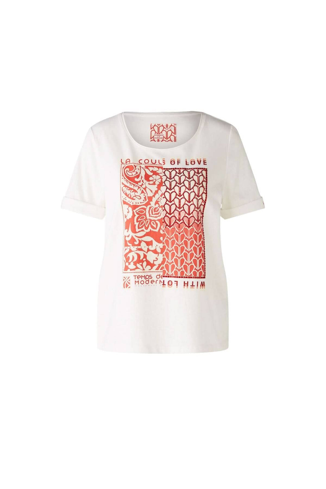 T-shirt blanc à imprimé coloré, manches courtes, encolure ronde, style décontracté.