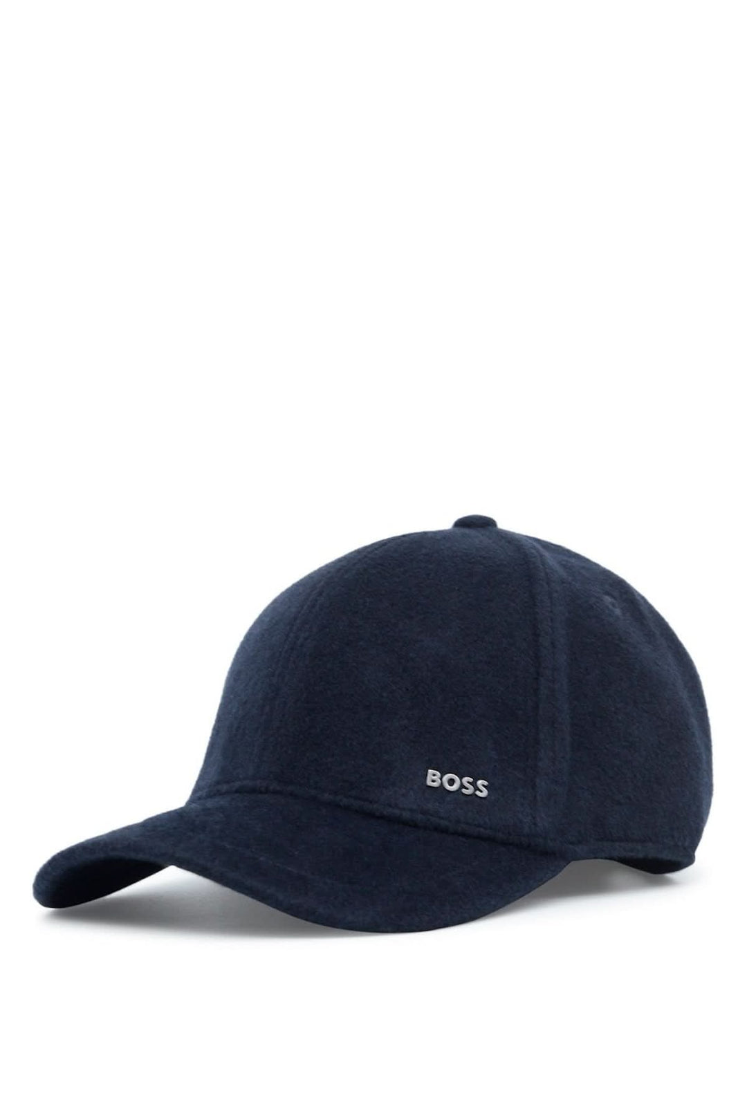 Casquette en laine et soie avec logo BOSS, élégante avec logo métallique discret sur fond blanc.