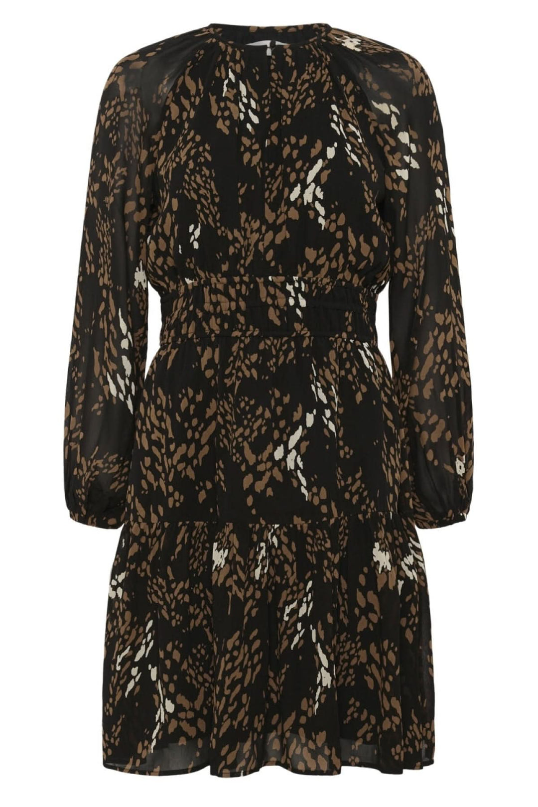 Robe courte à motif Averie avec taille smockée et manches longues, coupe évasée, allure fluide et féminine pour un look chic.