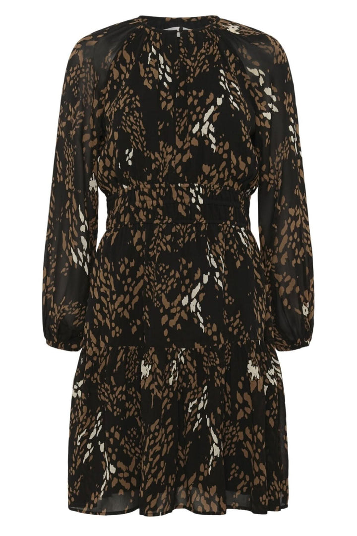 Robe courte à motif Averie avec taille smockée et manches longues, coupe évasée, allure fluide et féminine pour un look chic.