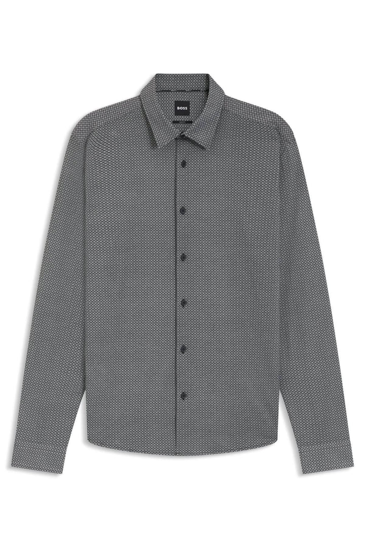 Chemise à motif moderne Roan Kent, coupe ajustée, tissu flex-weave coton élasthanne, col Kent, idéale pour bureau ou veston.