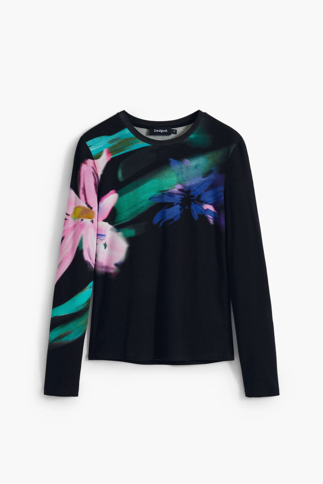 T-shirt à manches longues noir avec un imprimé floral coloré sur le devant, style moderne et élégant.
