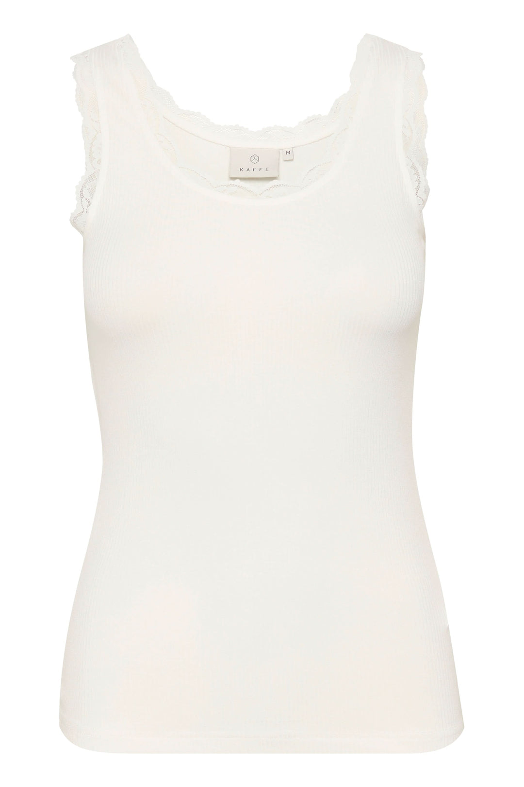 Camisole Omi blanche en tricot côtelé avec bordures en dentelle, élégante et féminine.