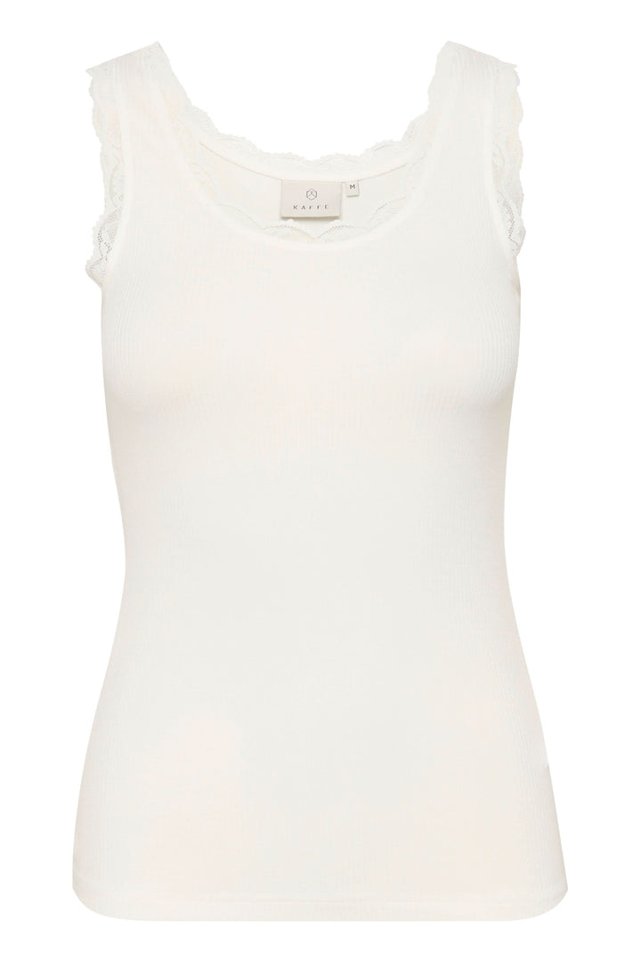 Camisole Omi blanche en tricot côtelé avec bordures en dentelle, élégante et féminine.