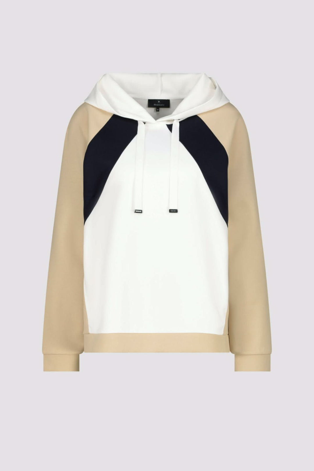 Sweat colorblock à capuche moderne avec trois teintes: blanc, beige, noir, doté d'un cordon de serrage blanc et embouts métalliques.