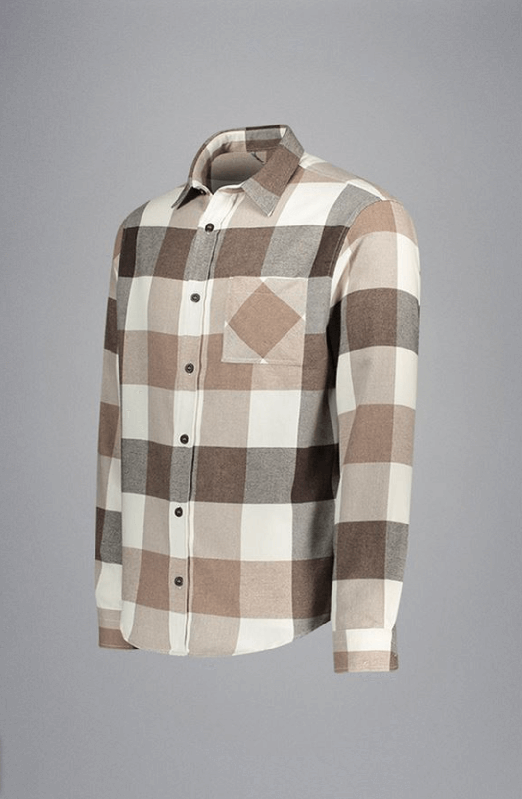 Chemise en flanelle à grands carreaux neutres dans des tons beiges et bruns, à manches longues et col classique.