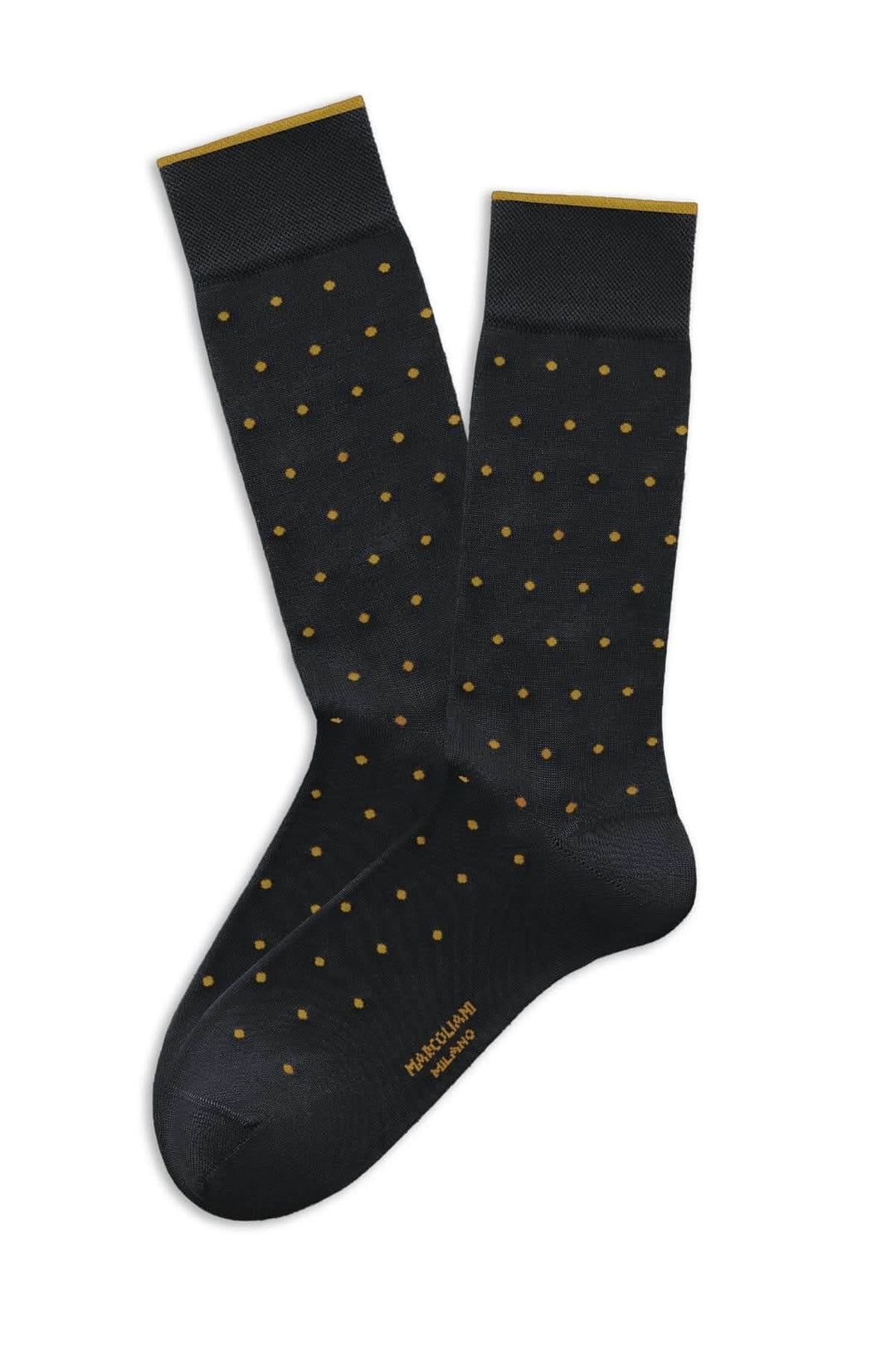 Bas à pois noirs élégants avec motifs dorés, coupe mi-haute et bord-côte élastiqué.