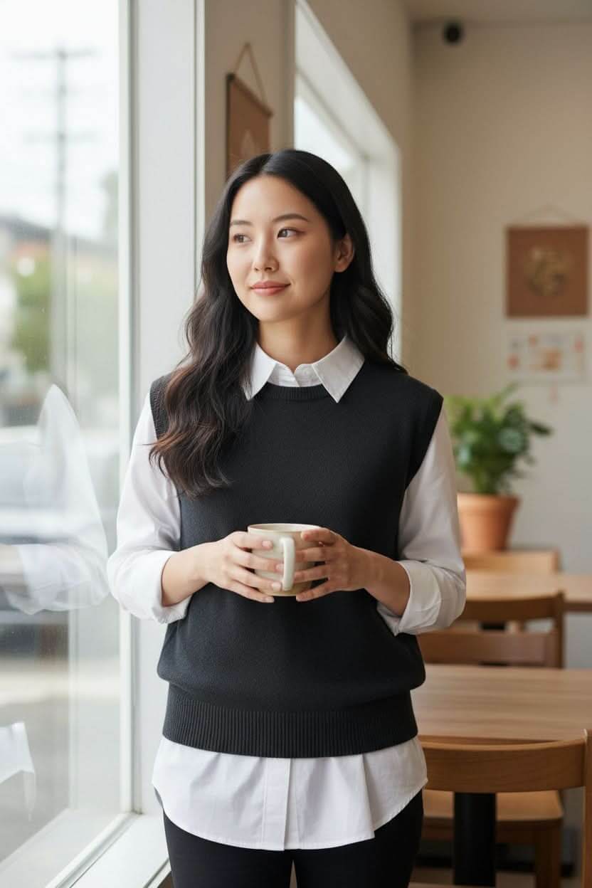 Femme portant un débardeur en tricot noir, debout près de la fenêtre, tenant une tasse. Élégance et confort pour mi-saison.