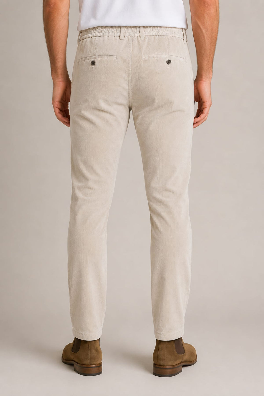 Side view of brown Paul and Shark corduroy chinos with side pockets and stitching details - Valérie Simon