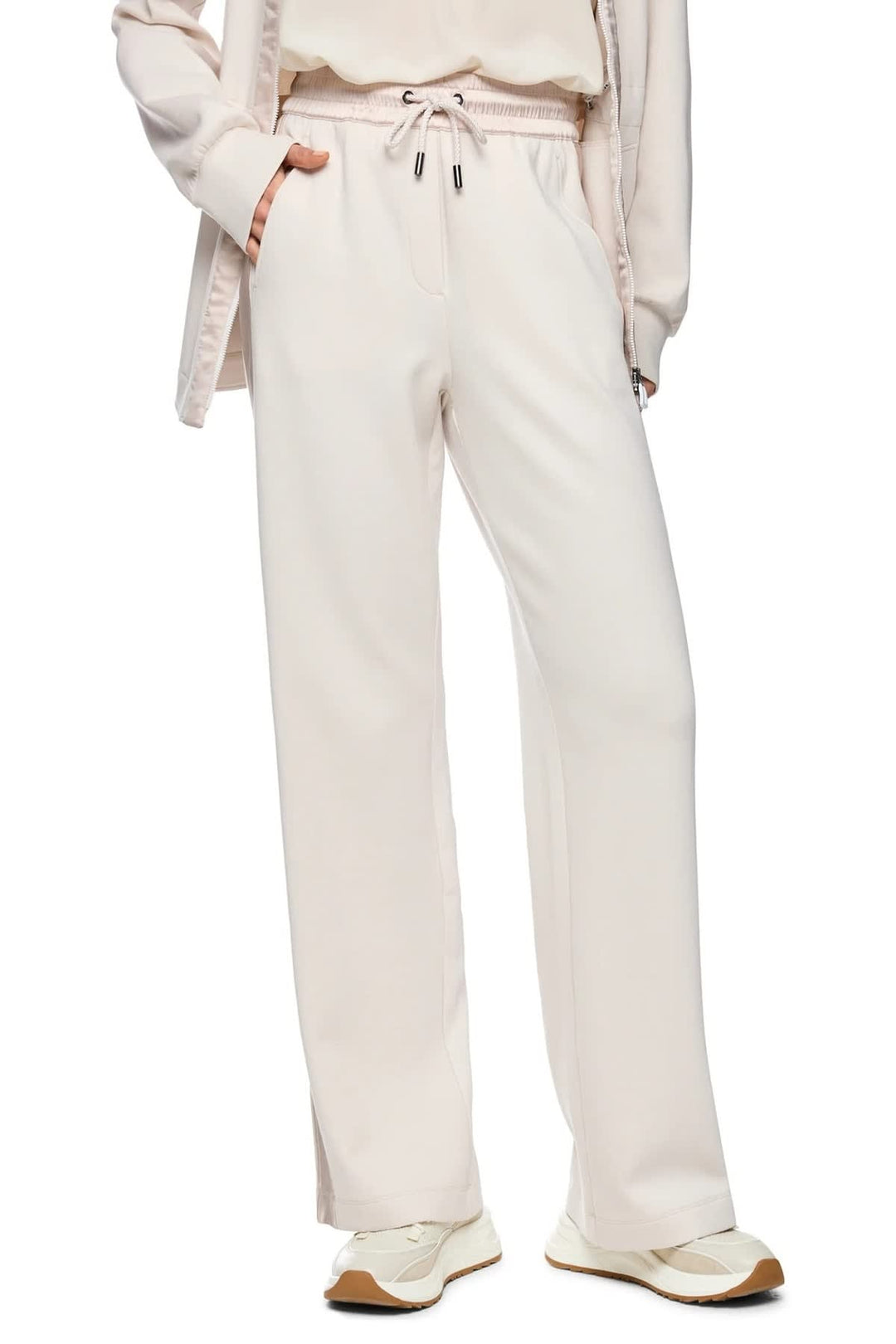 Side view of Marc Cain black casual pants with satin stripes for women - Valérie Simon