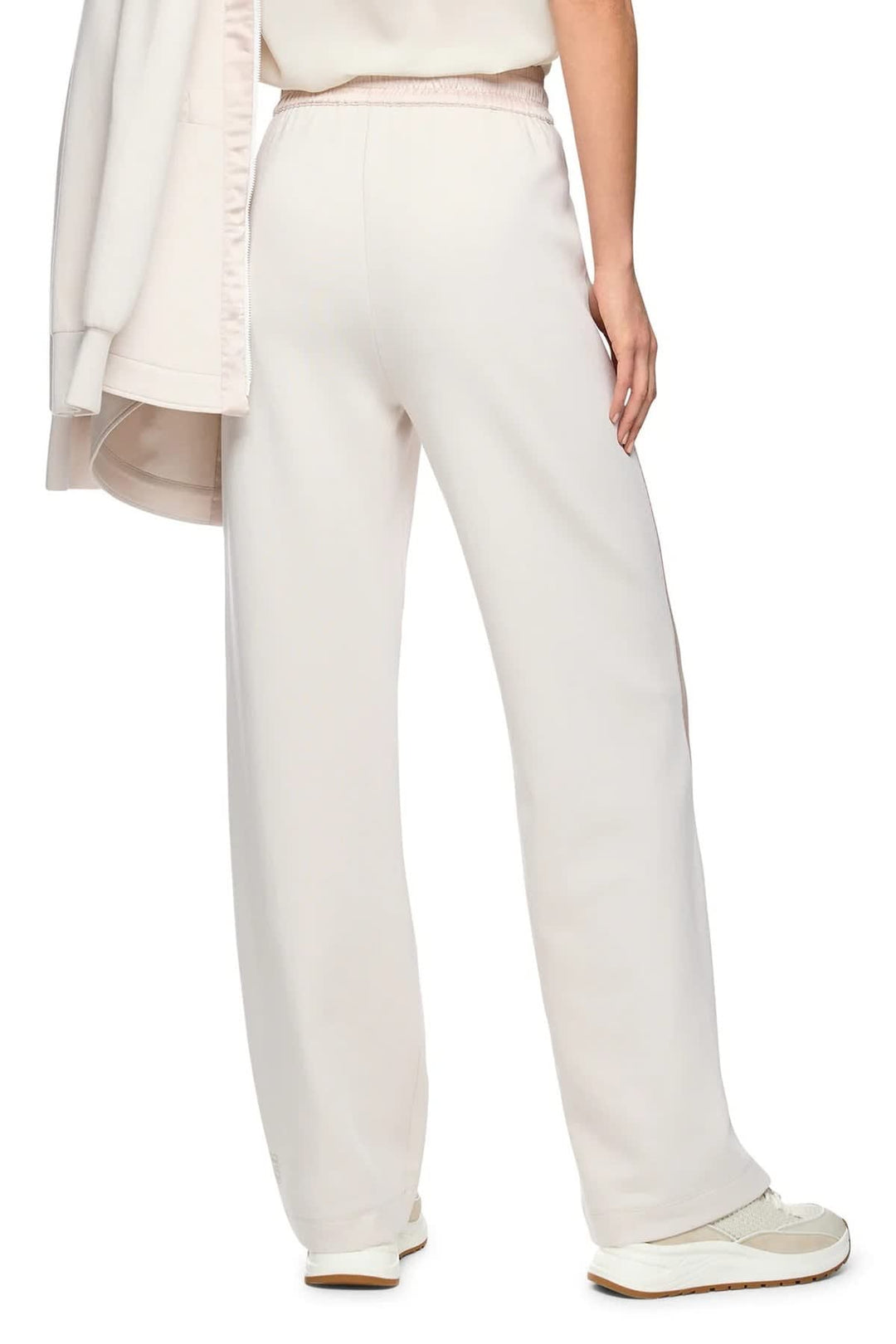 Front view of black Marc Cain wide-leg pants with satin stripes for women - Valérie Simon