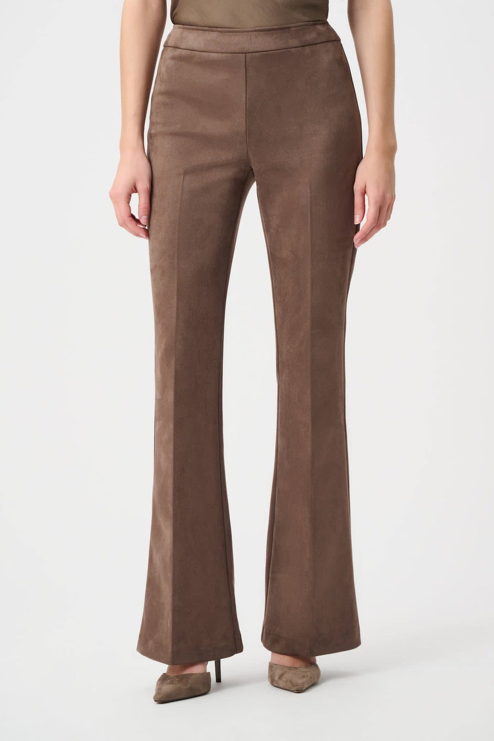 Front view of Joseph Ribkoff camel suede-effect flared pants for women - Valérie Simon