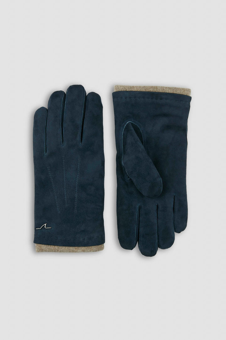 Gants de cuir suédés bleu marine avec bord en tricot, élégants et chauds pour l'hiver.