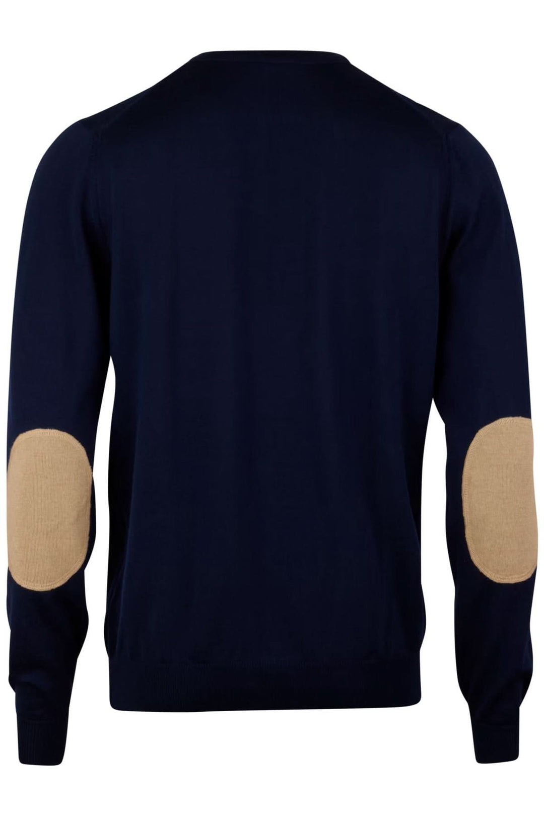 Chandail col rond en laine mérinos avec coudes contrastants et finitions côtelées, vue arrière, couleur bleu marine.