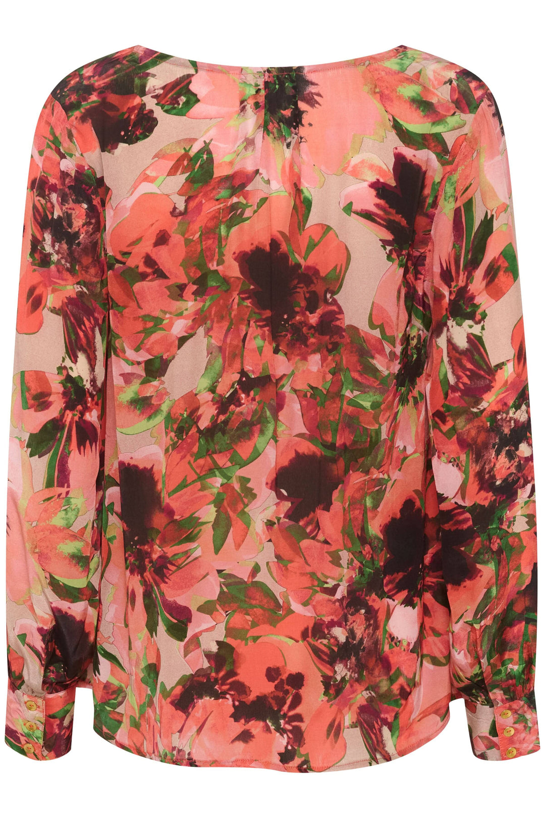 Blouse imprimée fleurs en polyester, manches longues amples et encolure en V, arrière coloré avec motifs floraux.