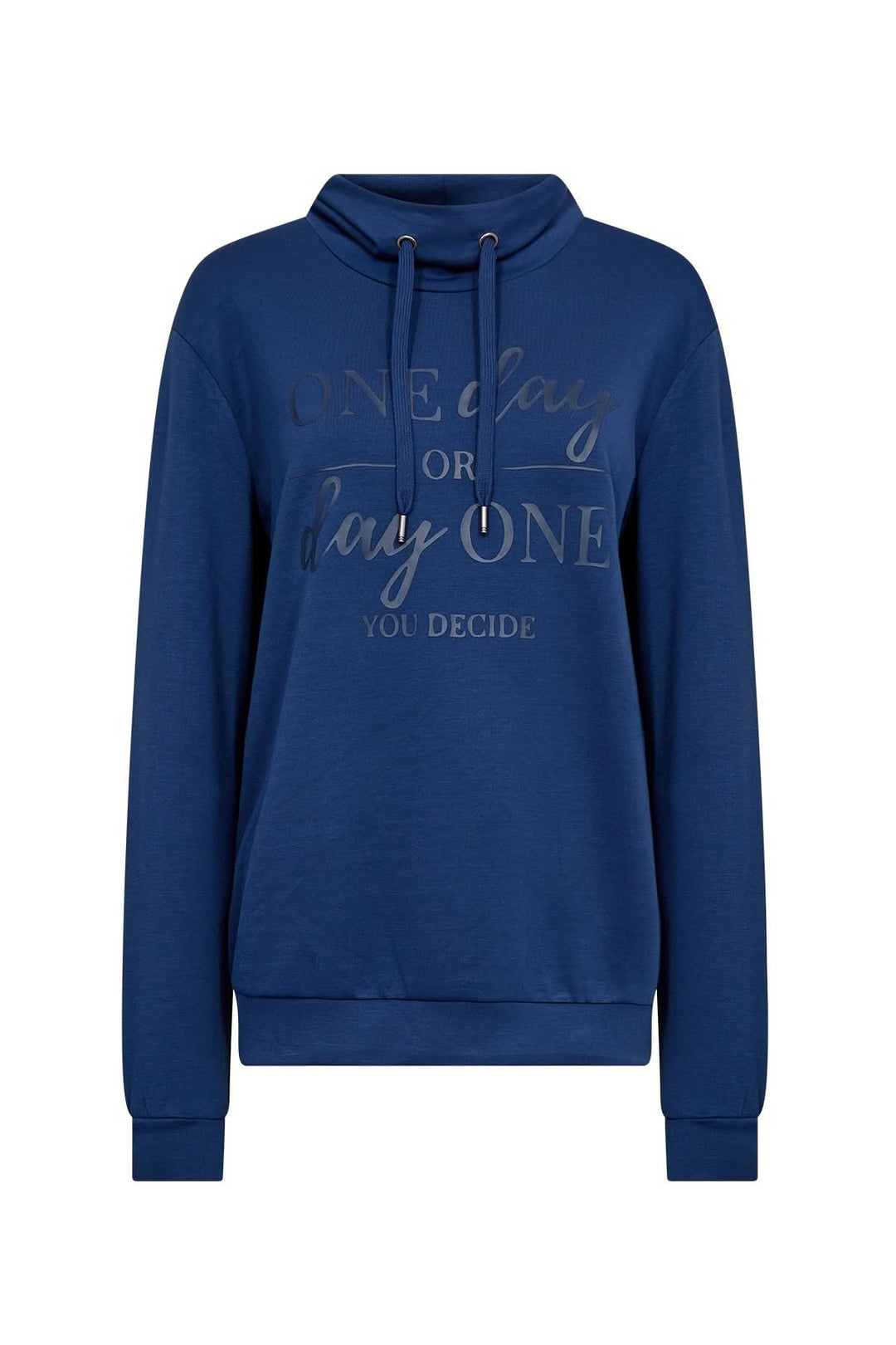 Chandail col montant bleu avec message positif, manches longues et cordons ajustables.