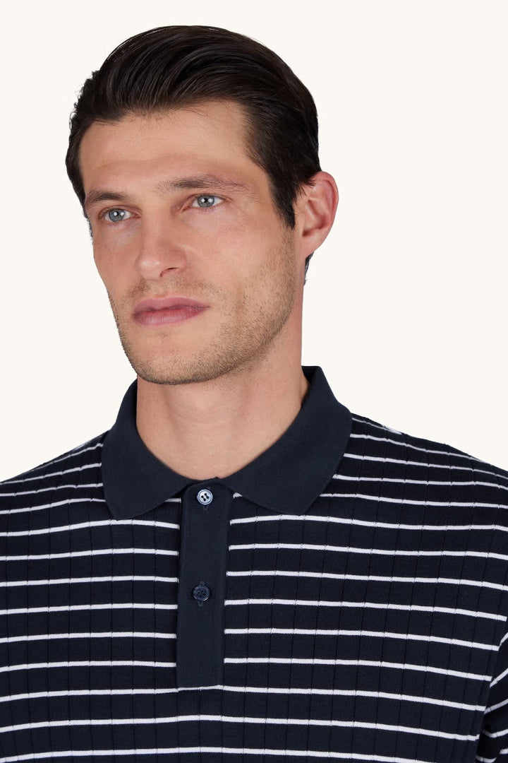 Front view of the Paul and Shark blue striped men&