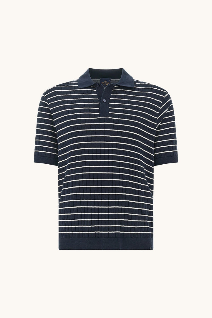 Front view of the Paul and Shark blue striped knit polo shirt for men with embroidered logo - Valérie Simon