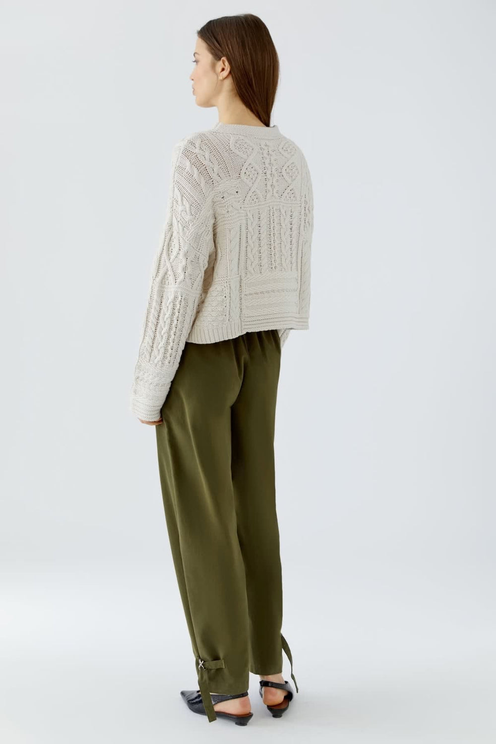 Front view of women's patchwork knit sweater Oui