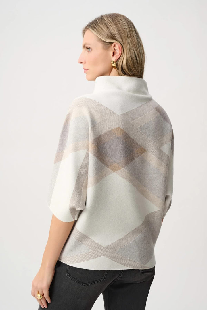 Front view of a multicolored Joseph Ribkoff geometric sweater being worn - Valérie Simon