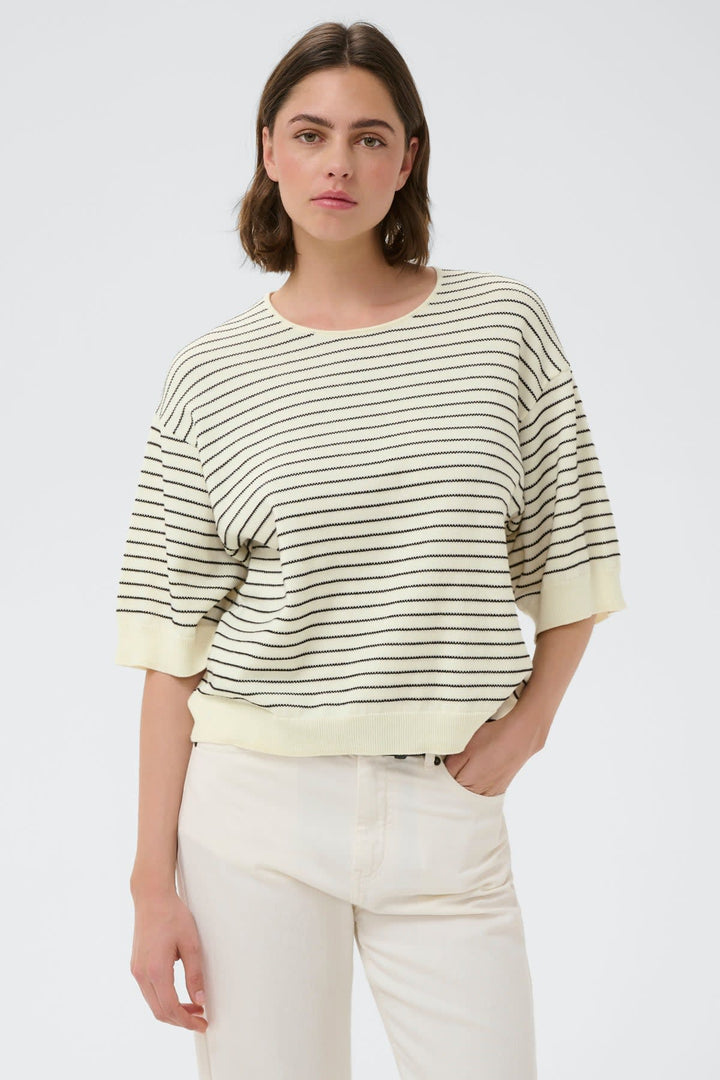 Front view of the DANAIW striped sweater Inwear for women, black and white, long sleeves, crew neck - Valérie Simon