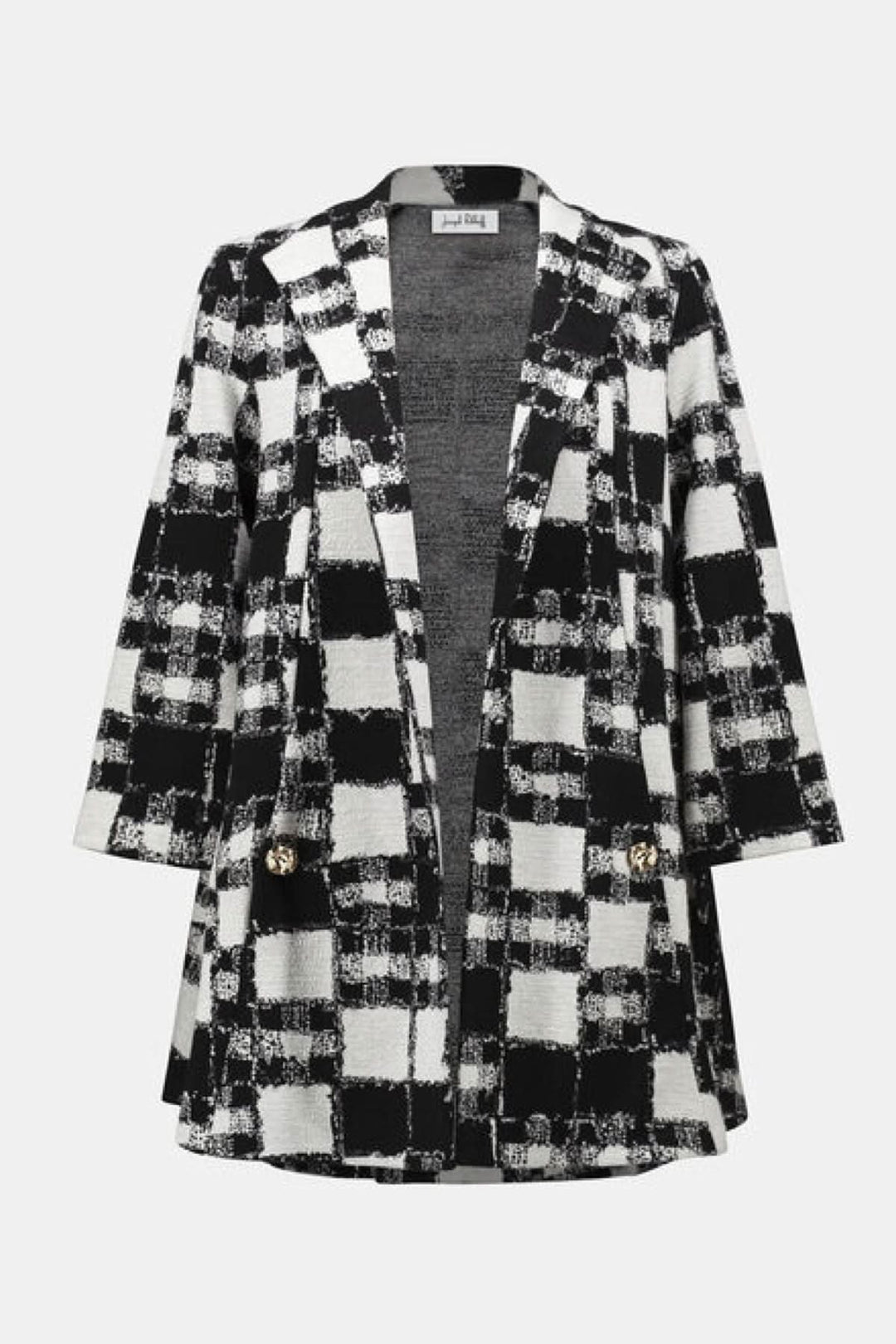 Veste longue à carreaux bicolores, coupe droite avec col à revers et manches 3/4, style contemporain.