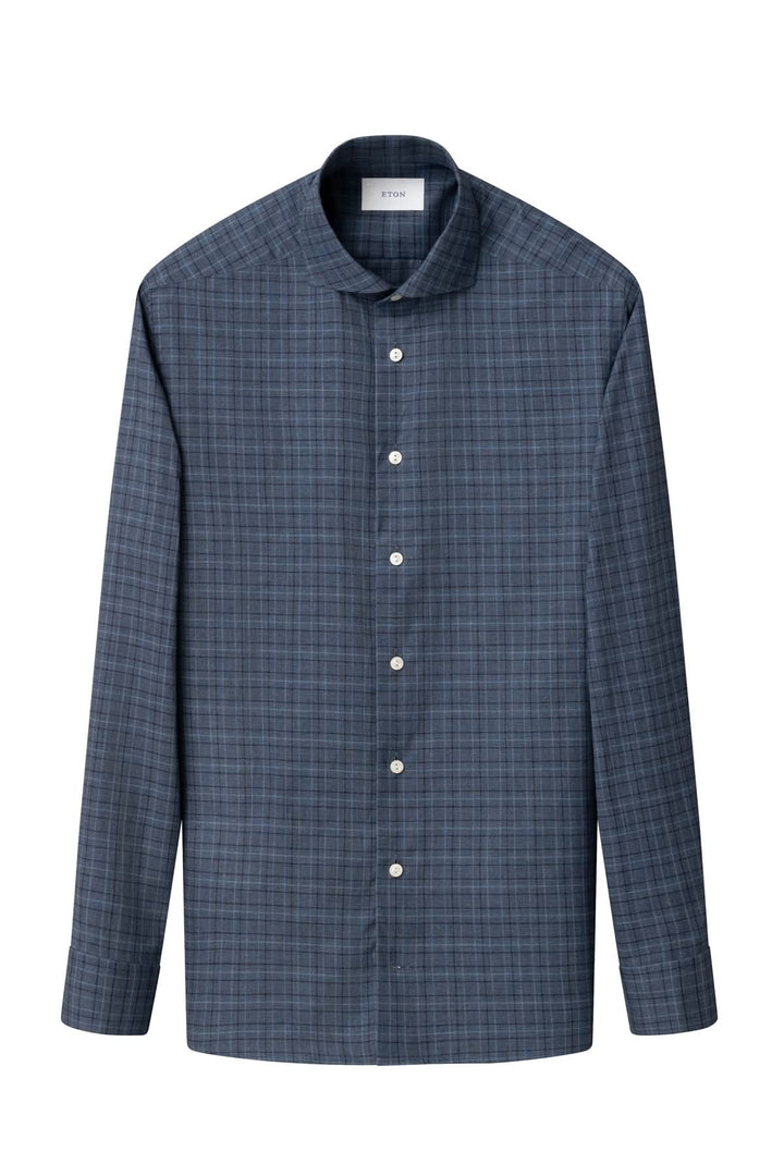 Chemise en flanelle signature à carreaux bleu foncé avec motif à carreaux, idéale pour un style élégant et raffiné, col italien.