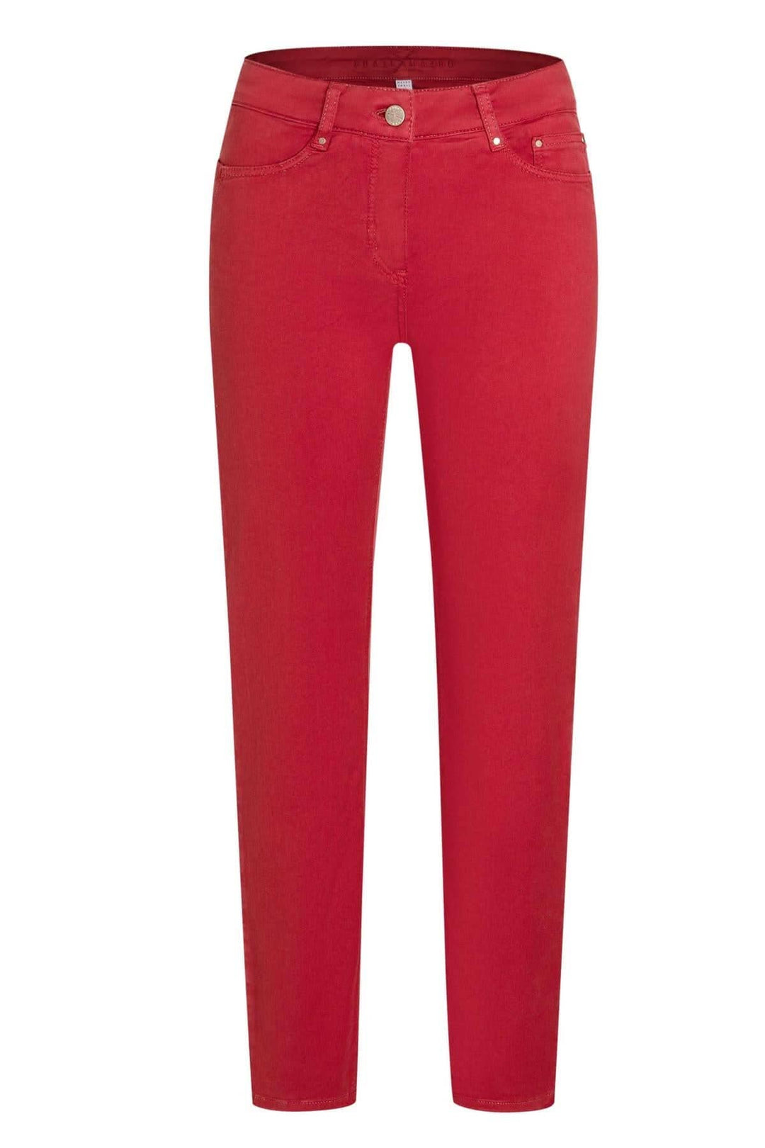 Jeans DREAM rouge à coupe droite, silhouette féminine, cinq poches, élégants et confortables.