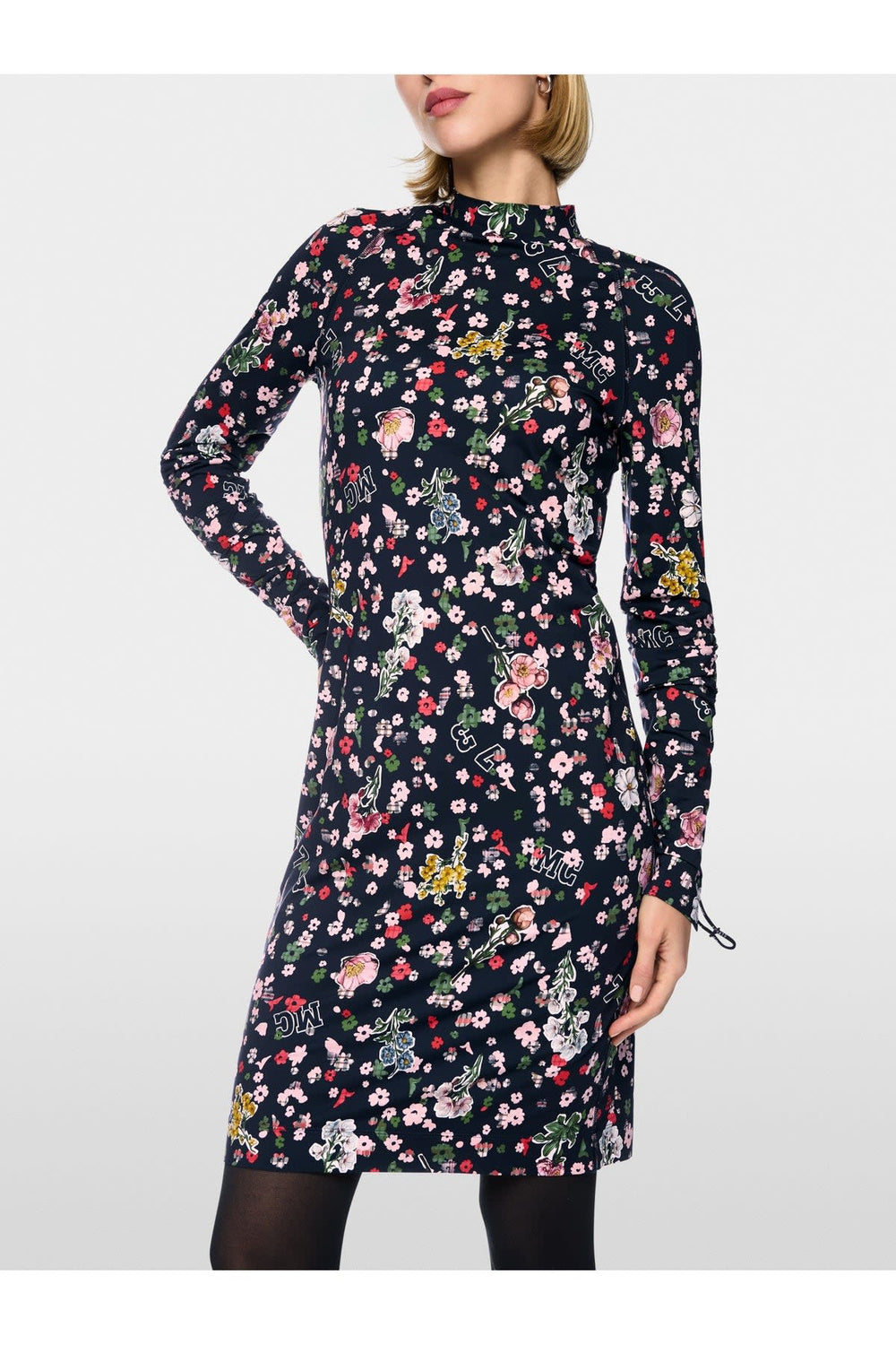 Front view of the women's Marc Cain short turtleneck dress with floral print