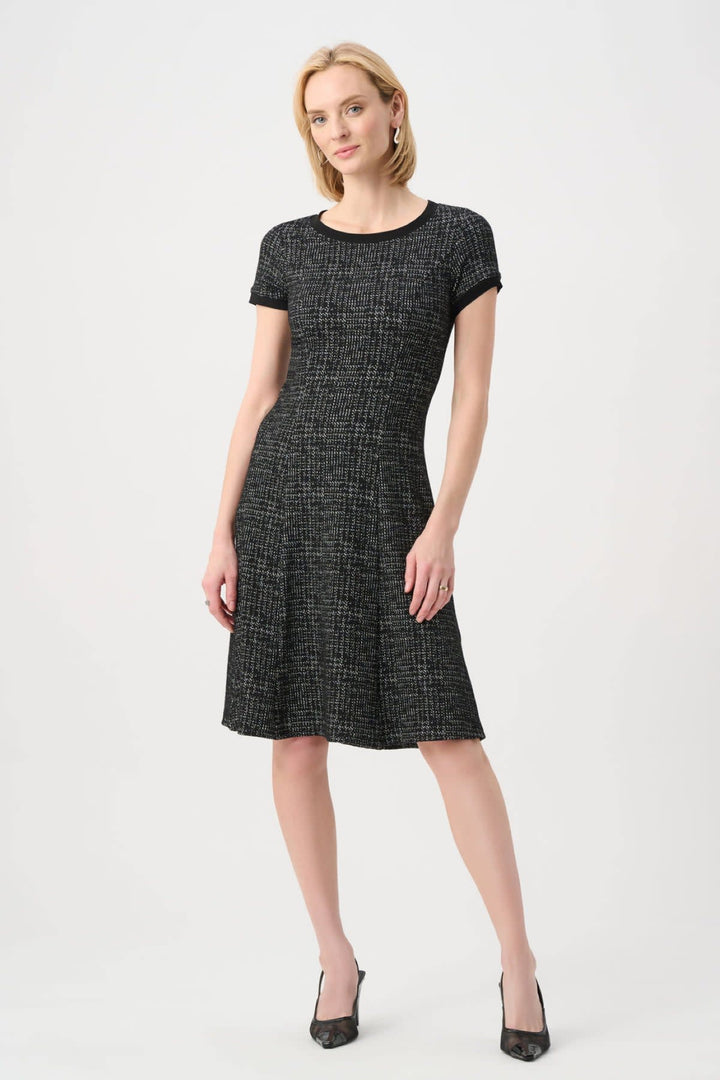 Front view of a black textured Joseph Ribkoff dress with distinctive details for women - Valérie Simon