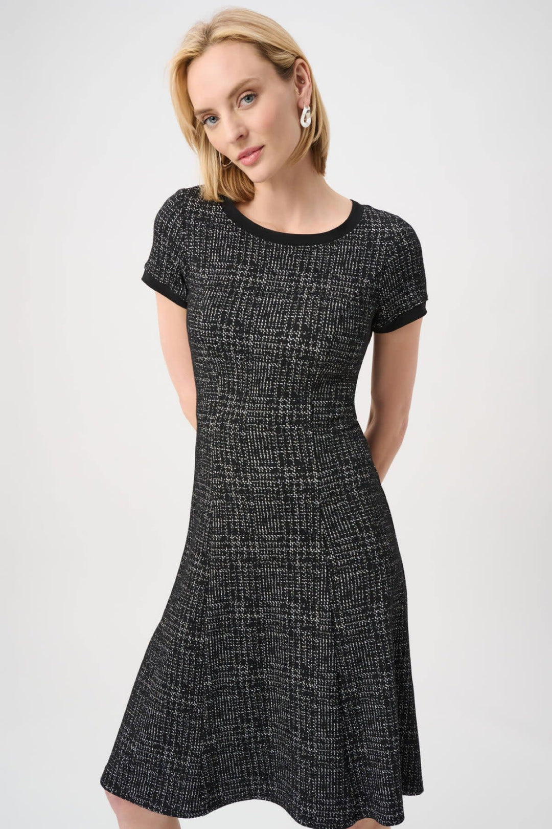 Front view of a short, textured black Joseph Ribkoff dress for women - Valérie Simon