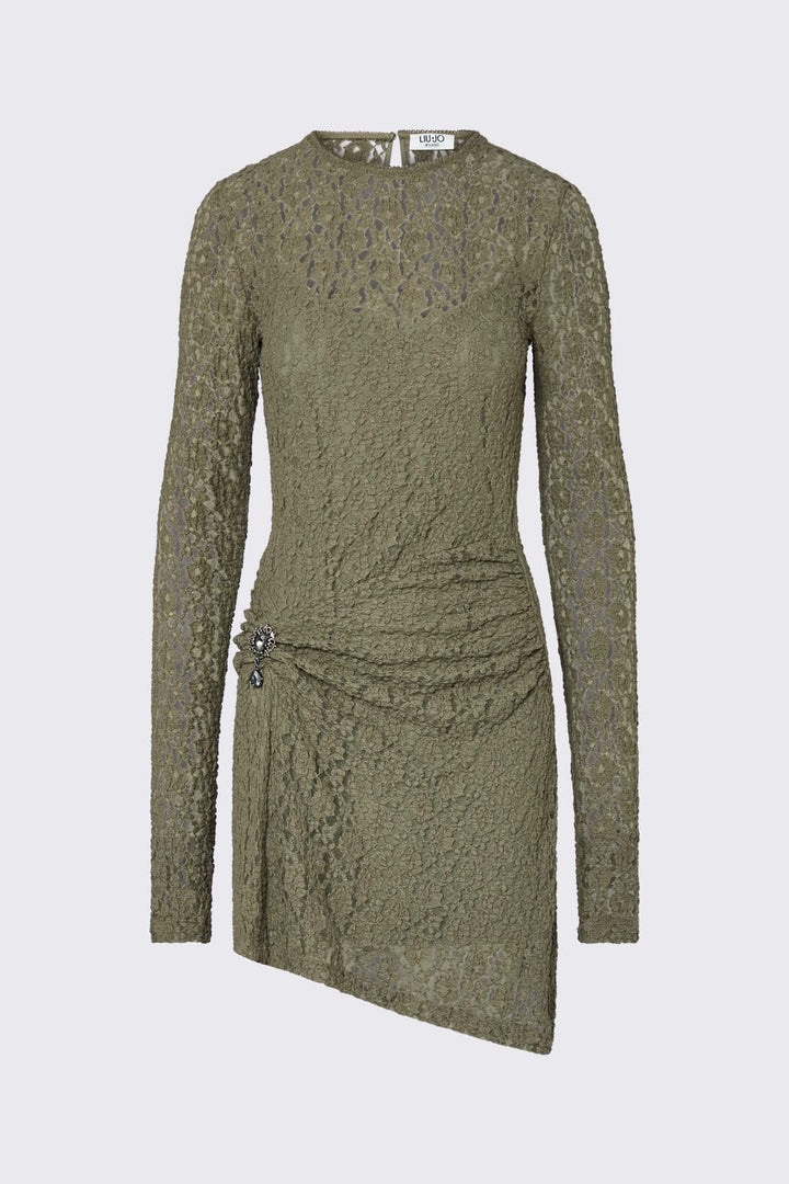 Short lace dress with jewel detail, front view, for women liujo