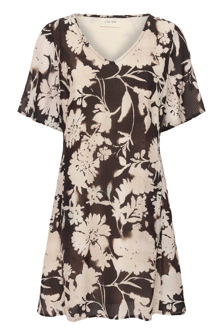 Front view of a short, multicolored floral-print dress Cream for women with a thin belt - Valérie Simon