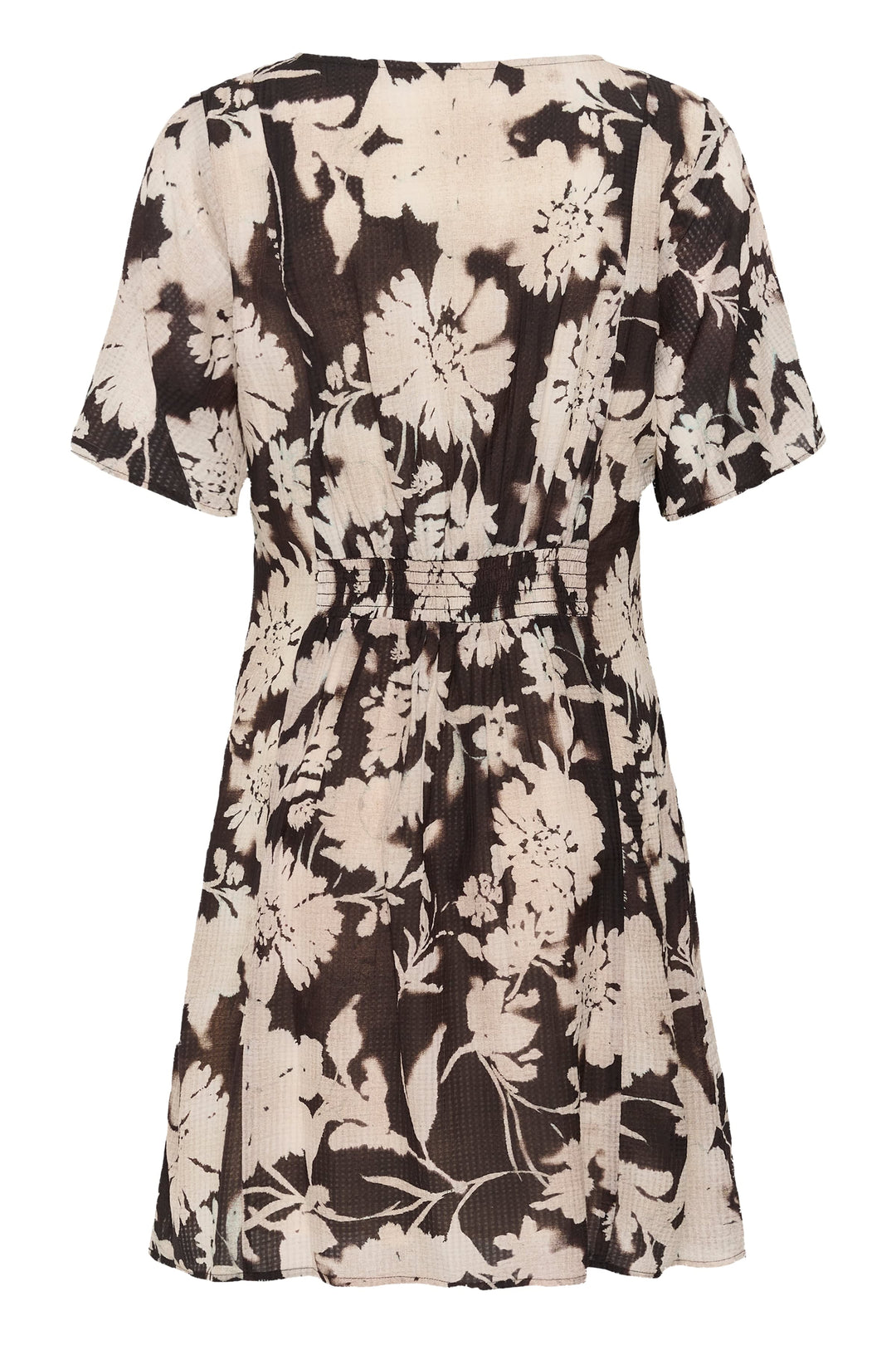 Side view of a short floral dress Cream for women in yellow with button details by Valérie Simon