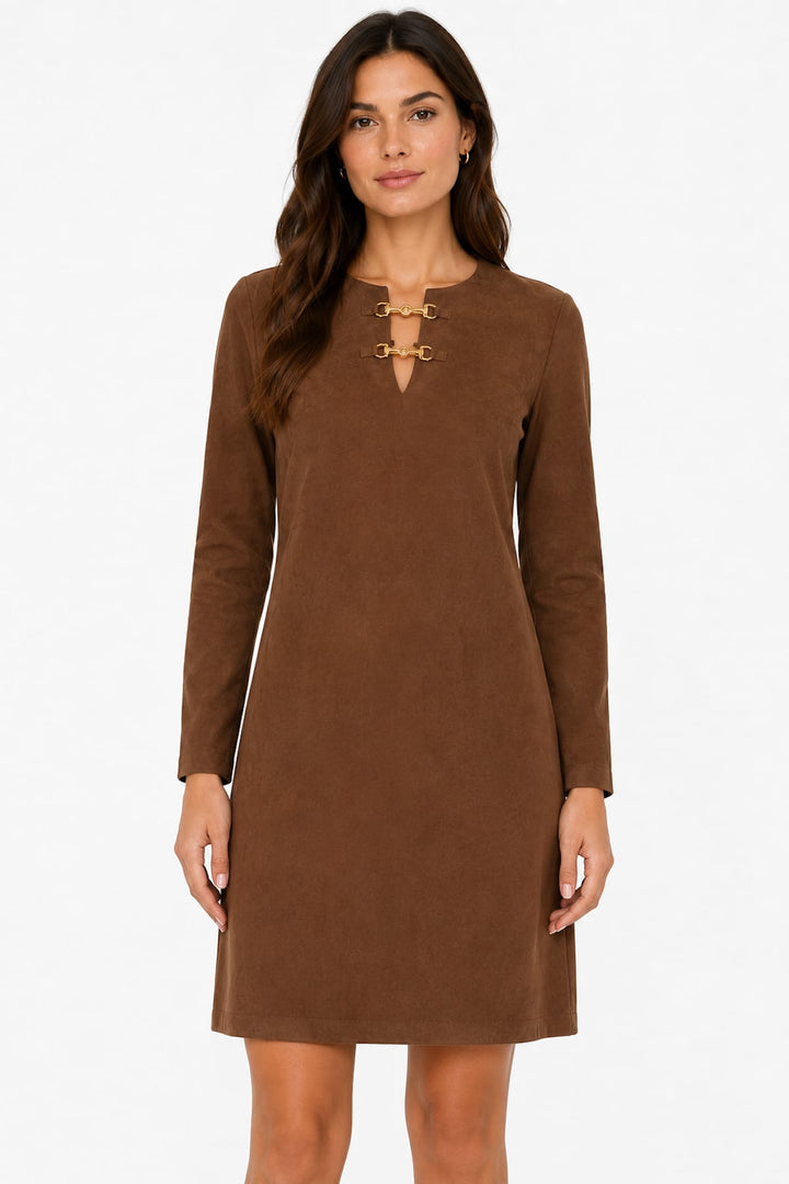 Front view of a brown, straight-cut, suede-effect Joseph Ribkoff dress for women with couture details - Valérie Simon