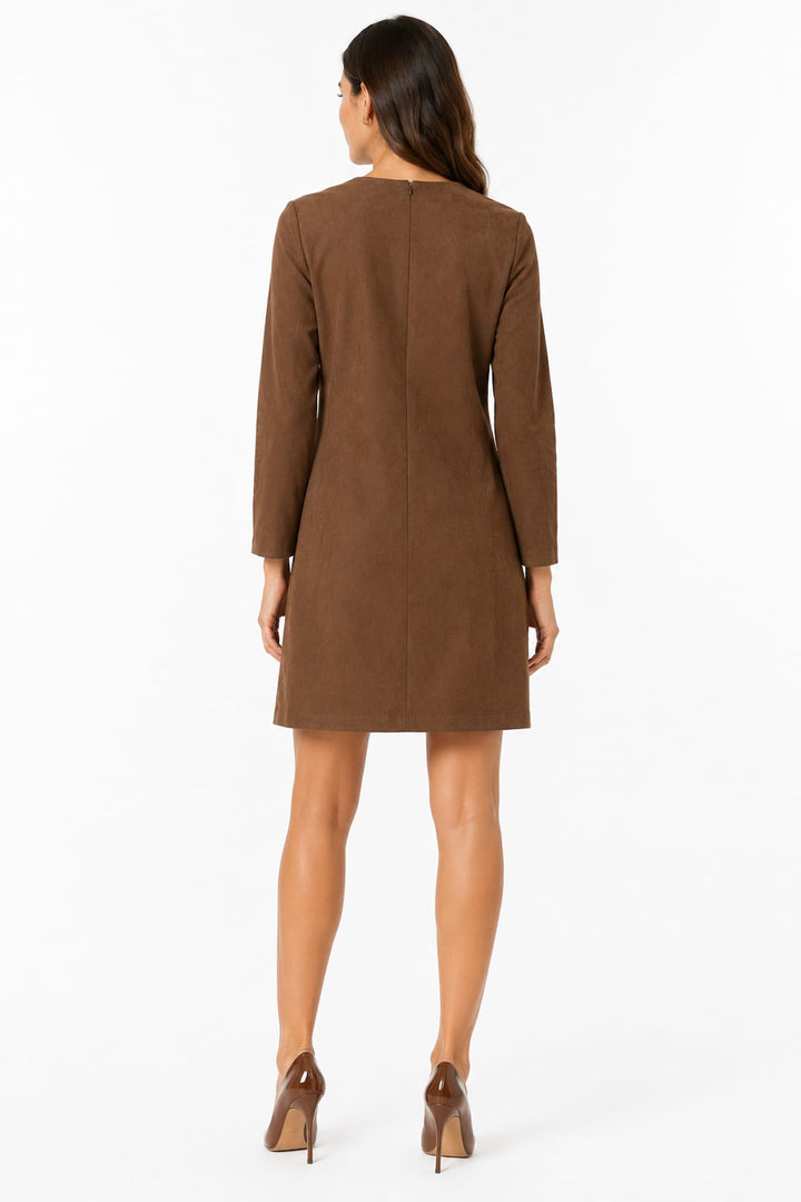 Front view of a brown suede-effect straight-cut dress by Joseph Ribkoff for women - Valérie Simon