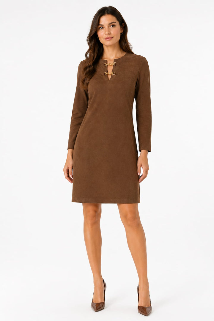 Front view of a brown suede-look short dress by Joseph Ribkoff for women - Valérie Simon