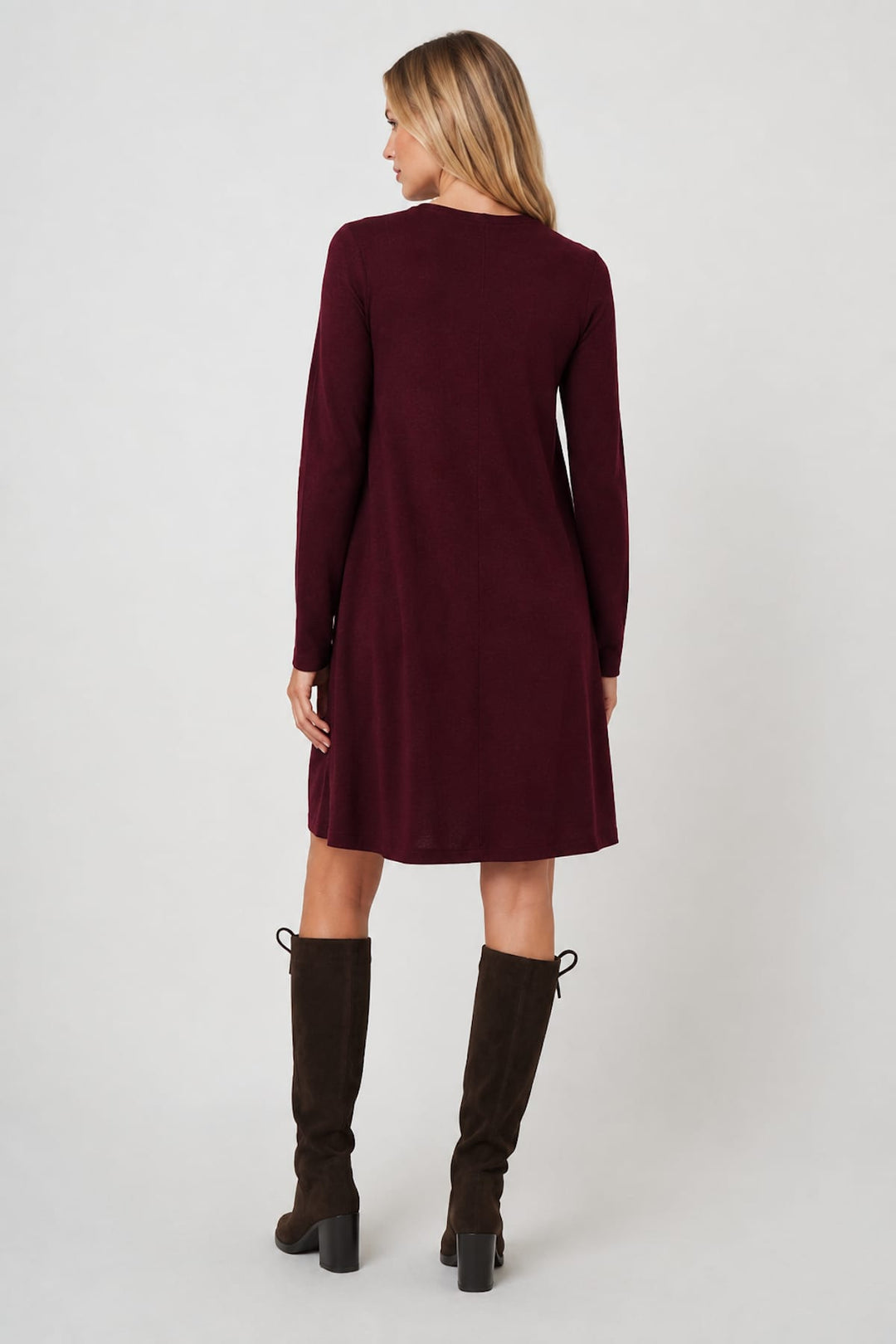 Front view of a flared knit dress Repeat Cashmere for women in beige, with knit details - Valérie Simon