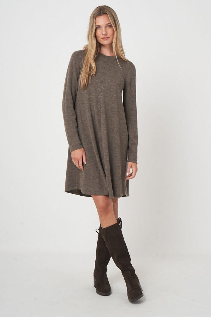 Front view of a flared dress Repeat Cashmere for women in gray with a knitted pattern - Valérie Simon