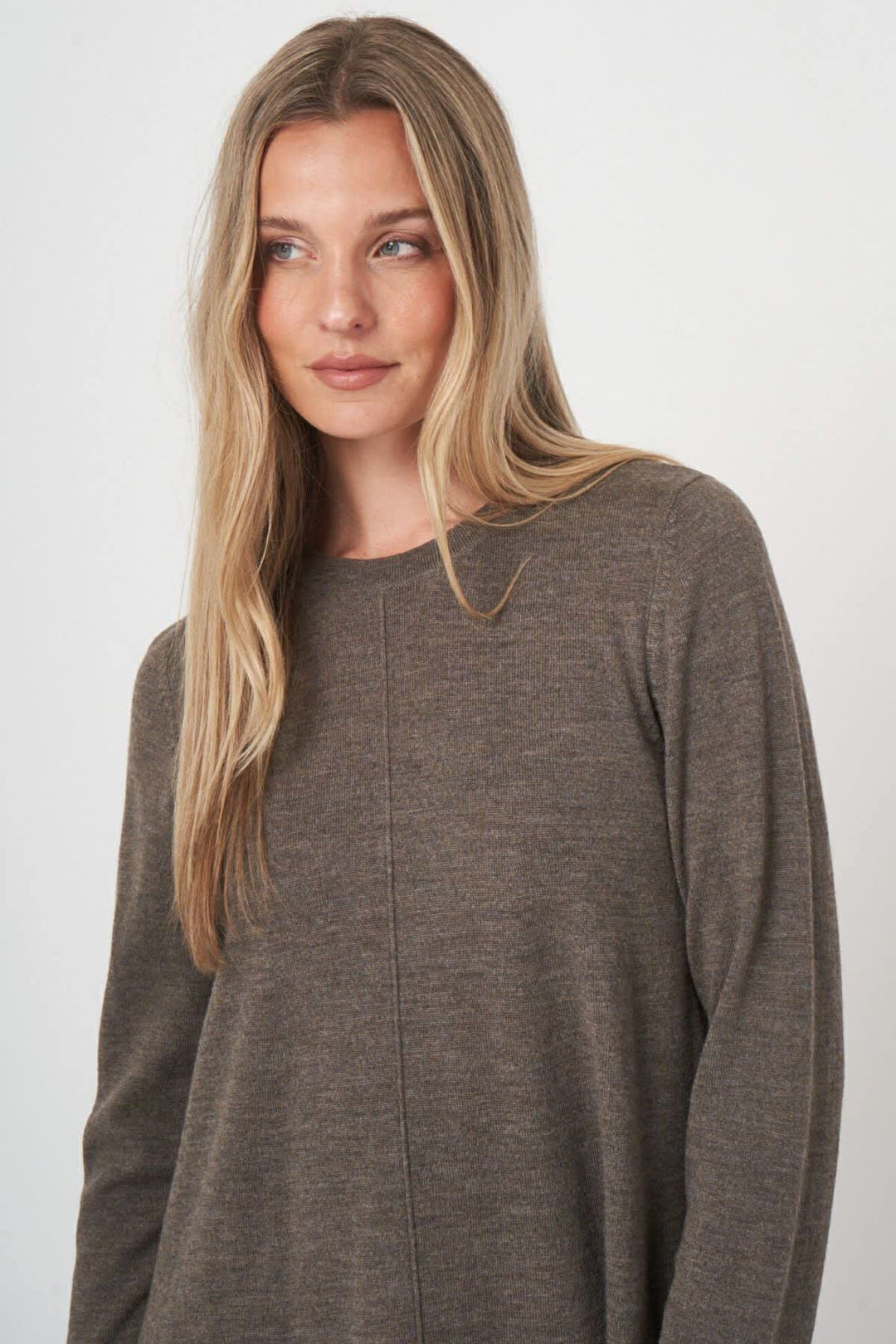 Front view of a blue flared knit dress Repeat Cashmere for women with a round neckline - Valérie Simon